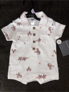 Gerber White Polo Romper with Brown Cowboy & Tiny Yellow Accents